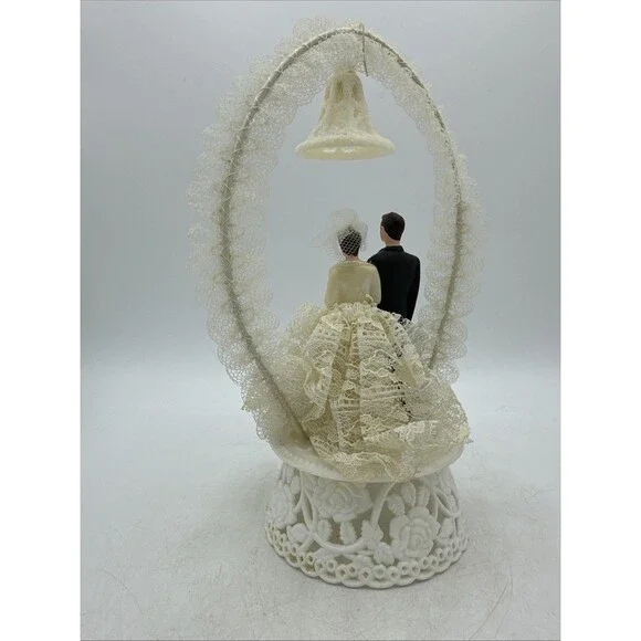 Wedding Cake Topper Bride Groom Lace Bell 1950s Vintage - Picture 9 of 16